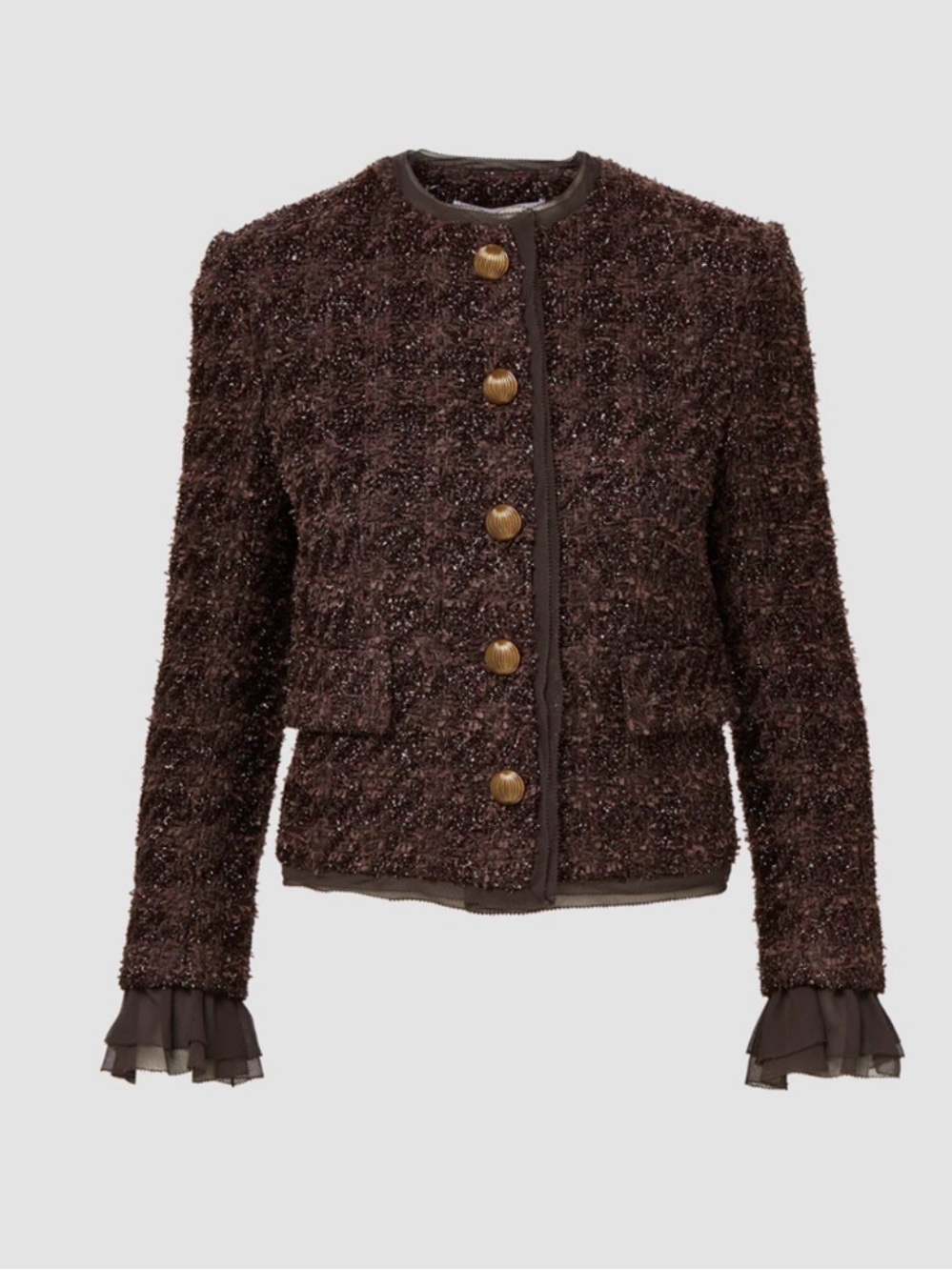 Veronica Beard Dark Brown Textured Tweed Jacket with Gold Buttons